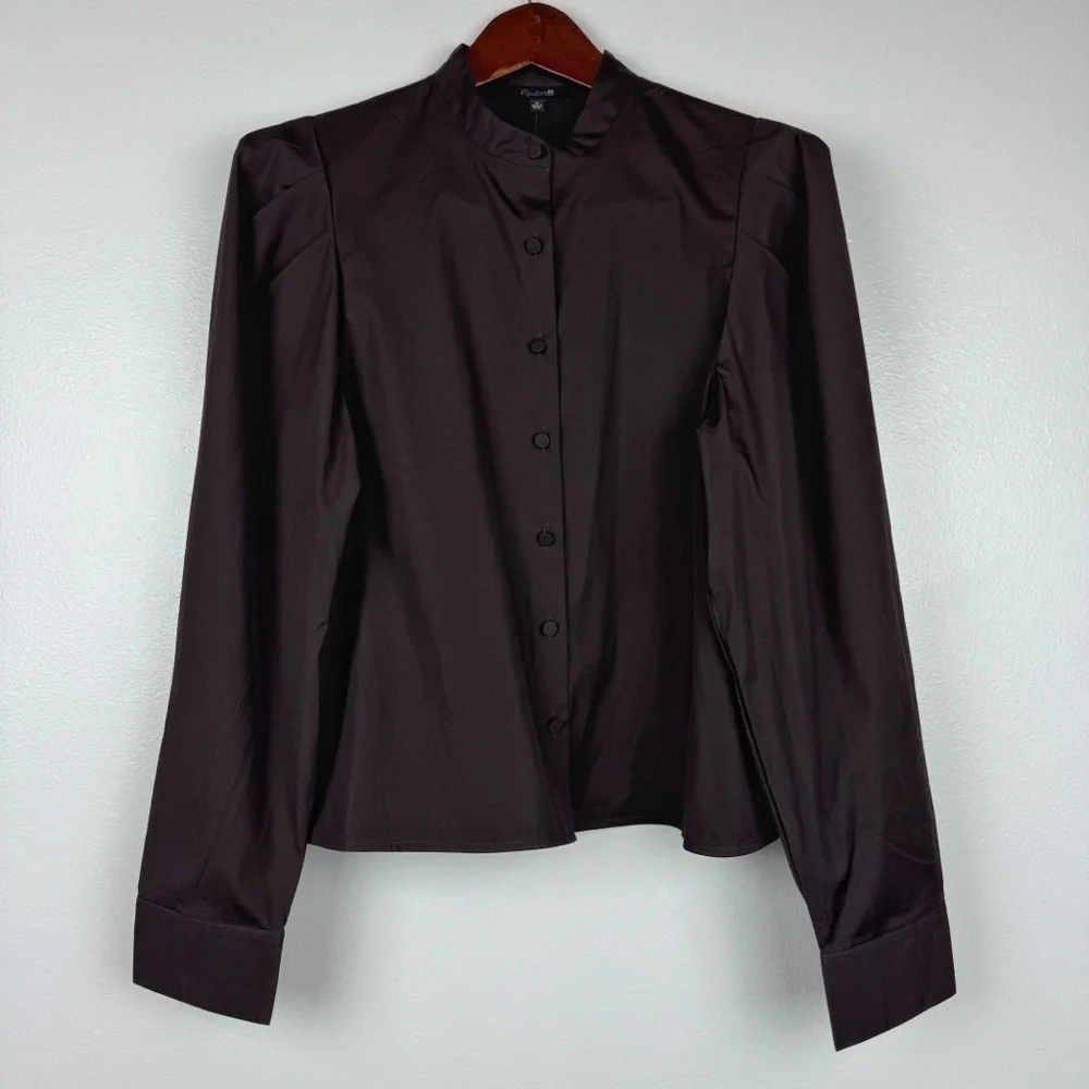 Madewell Button Up Band Collar Pleated Puff Sleeve Shirt Brown Size M NWT